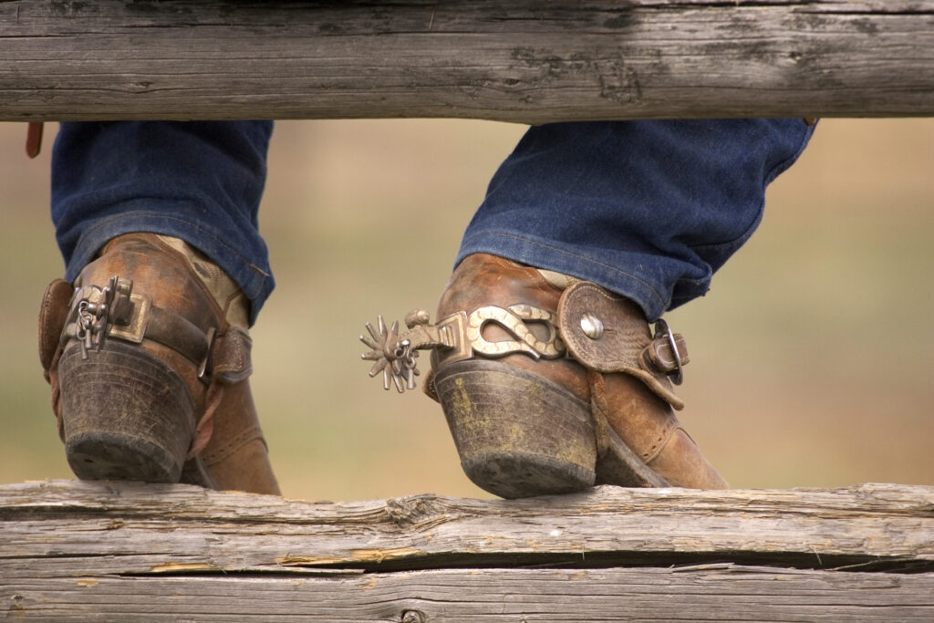 cowboy boots and spurs resting on a split rail fence